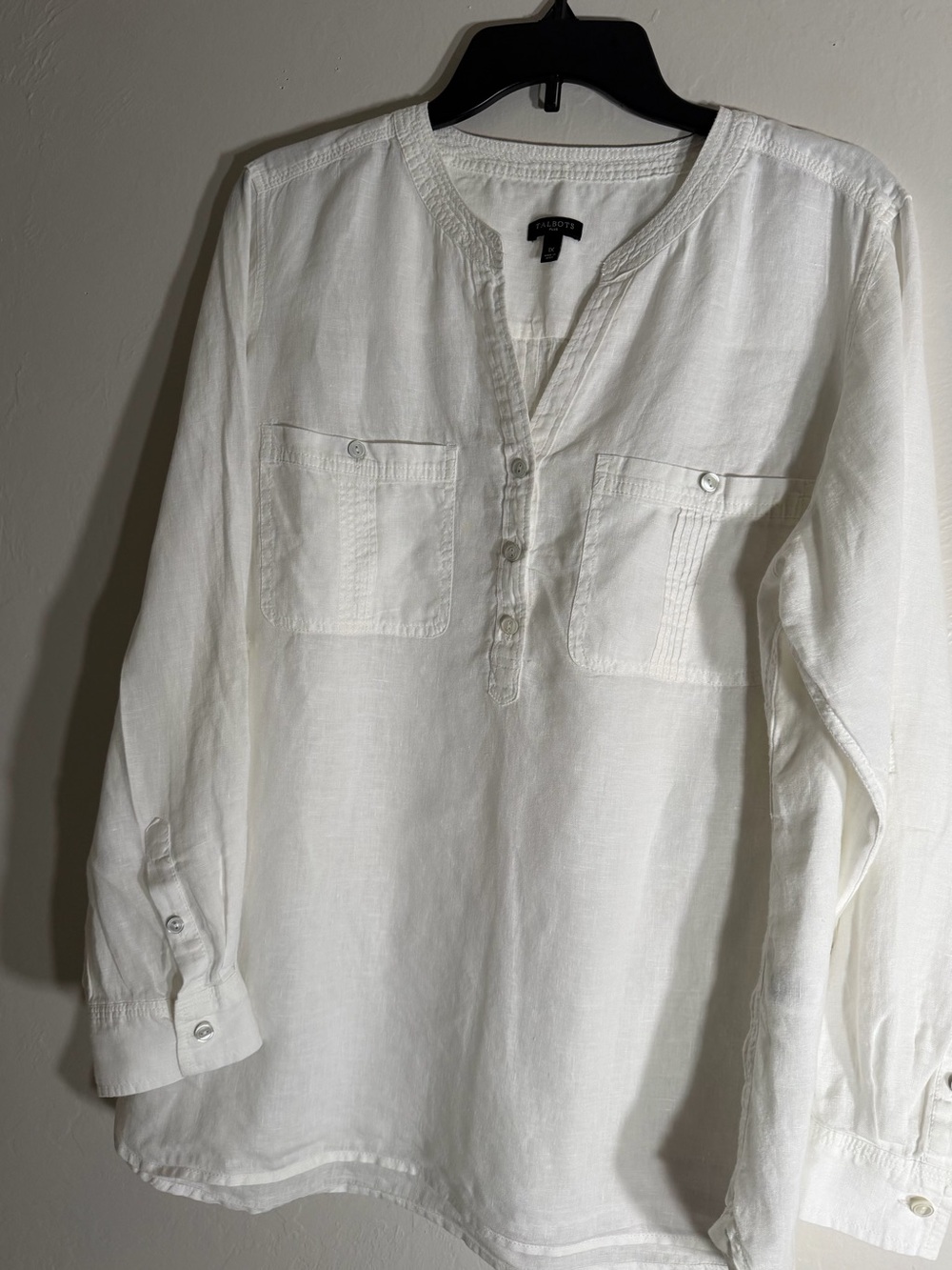 Talbots Plus 1X White 100% Linen Pullover Blouse Roll Tab Sleeve Pocket Top